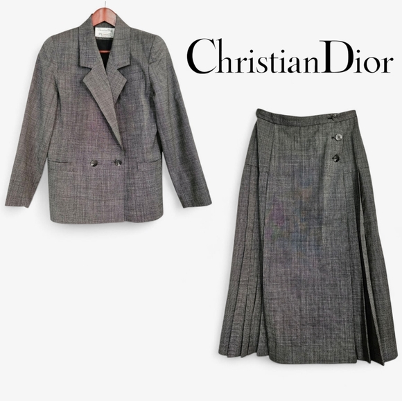 Vintage Christian Dior Grey Worsted Wool Pleated Midi Skirt Blazer Suit Set 8p - Picture 1 of 16